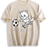 Soccer Cat Vintage Washed T-Shirt in Beige