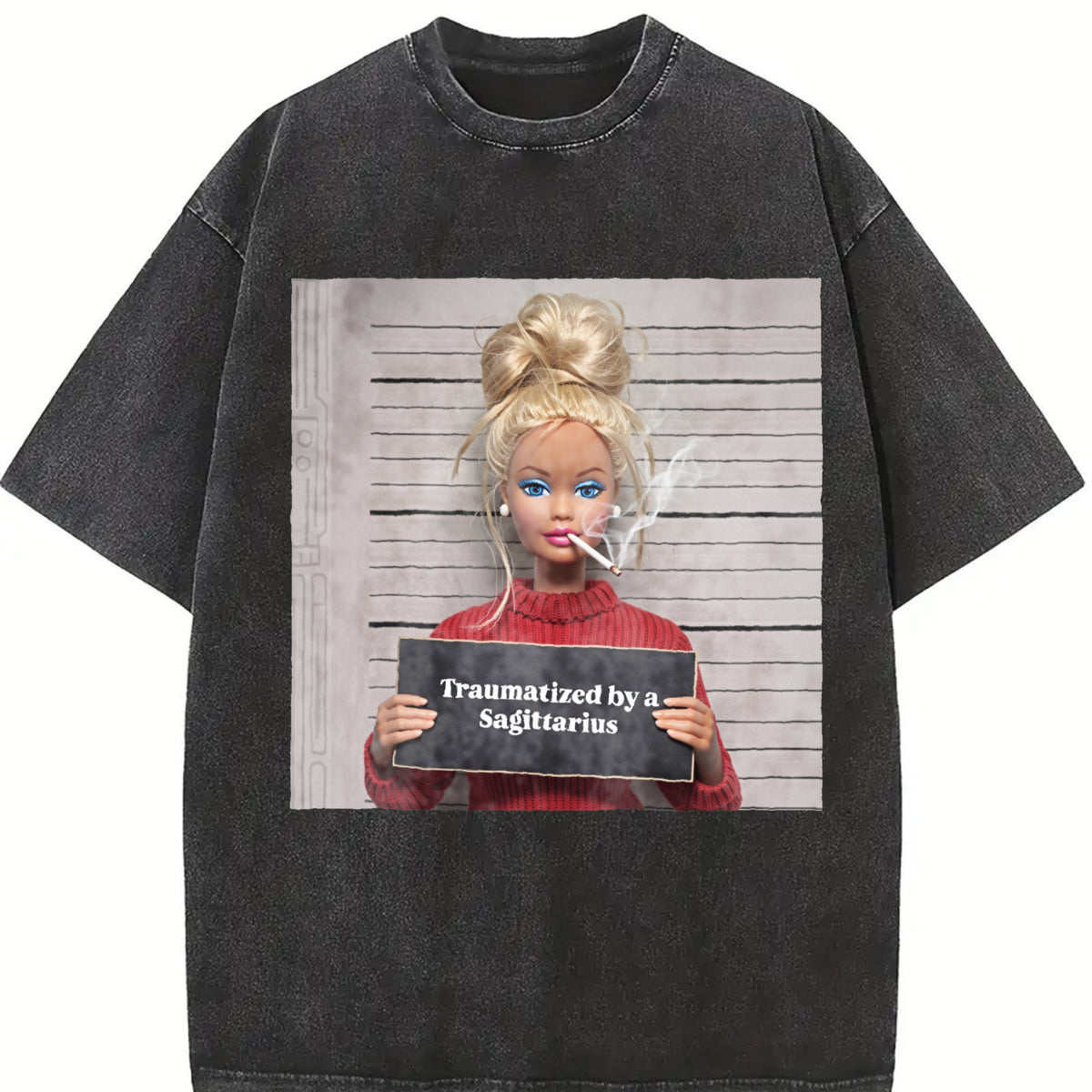 Traumatized by Sagittarius Mugshot Doll Vintage Washed T-Shirt in Black