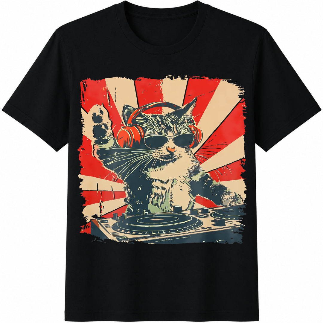 DJ Cat with Headphones Cotton T-Shirt in Black