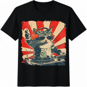 DJ Cat with Headphones Cotton T-Shirt in Black