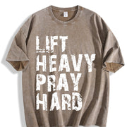 Lift Heavy Pray Hard Christian Gym vintage washed oversized T-shirt in Brown