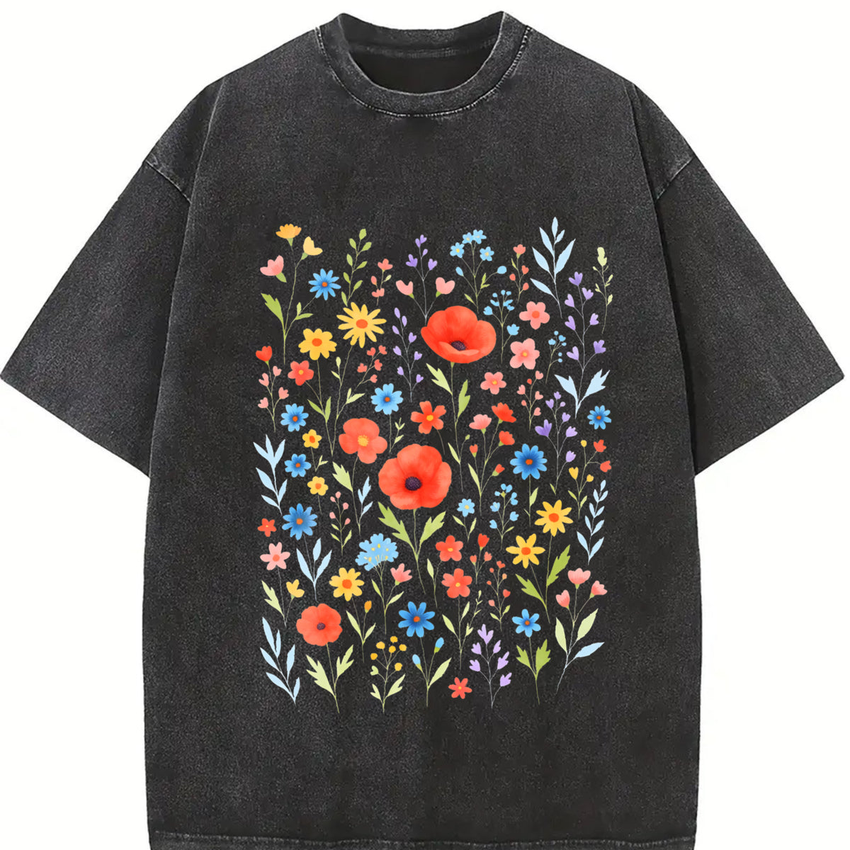Wildflowers ® Retro Block Peonies Vintage Washed T-Shirt in Black