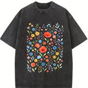 Wildflowers ® Retro Block Peonies Vintage Washed T-Shirt in Black