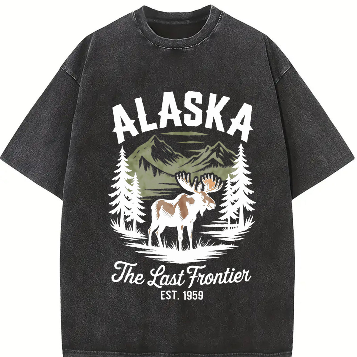 Retro Alaska the Last Frontier Moose 90s Vintage Washed T-Shirt in Black