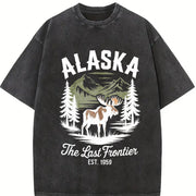 Retro Alaska the Last Frontier Moose 90s Vintage Washed T-Shirt in Black