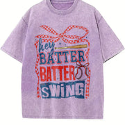 Retro Baseball Batter Swing Vintage Washed T-Shirt in Purple