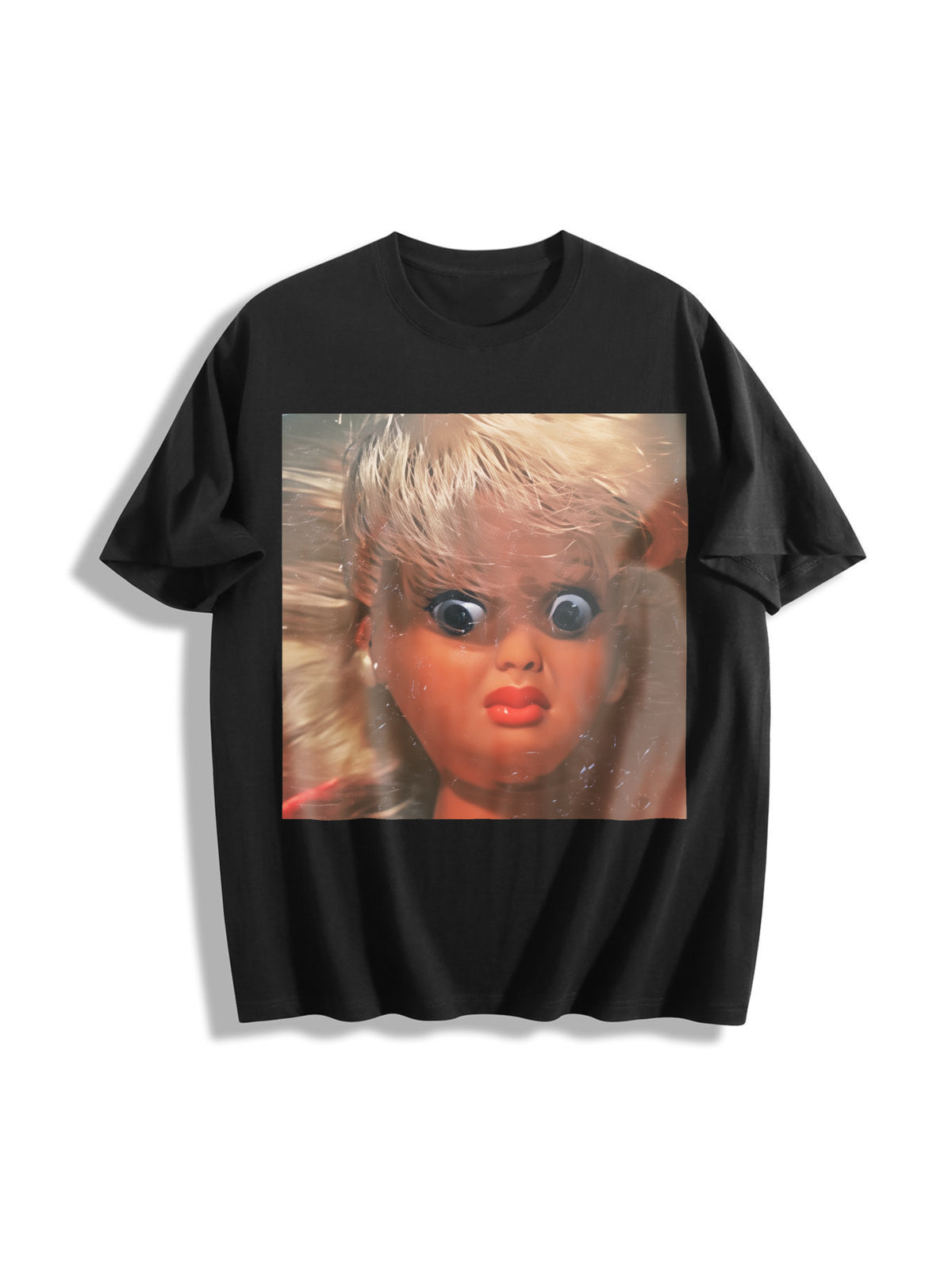 Creepy Doll Face Cotton T-Shirt in Black