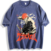 Retro Ichigo Kurosaki Rage Bankai Bleach Anime Manga vintage washed oversized T-shirt in Blue