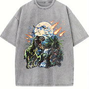Dinosaur 90s Retro T-rex & Raptor Vintage Washed T-Shirt in Gray