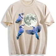 Blue Jay Moon 90s Retro Celestial Bird Watcher Vintage Washed T-Shirt in Beige
