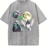 Pigeon Moon Retro Bird Nature Vintage Washed T-Shirt in Gray