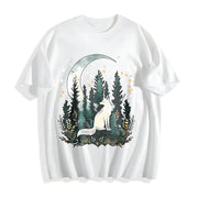 Bohemian Night Fox & Pine Forest Cotton T-Shirt in White
