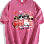 Valentine's Day: Winter a Cat with Heart-shaped Glasses Vintage Washed T-Shirt in Red