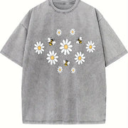 Daisy 90s Retro ® Y2k Botanical Bee Vintage Washed T-Shirt in Gray