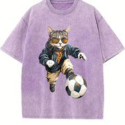 Cat Soccer Player Vintage Washed T-Shirt in Purple