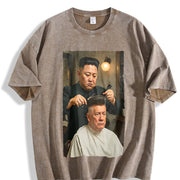 Kim Jong Un Cutting Donald Trump's Hair (Us) Vintage Washed T-Shirt in Brown