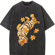 Pure with Tiger Short Sleeved and Slightly Elastic Vintage Washed T-Shirt in Black