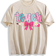 Checkered Teacher Floral Coquette Teacher Vintage Washed T-Shirt in Beige