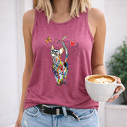 Colorful Cat with Butterfly and Heart Crew-neck Sleeveless Women's Color Cotton Tank Top in Red