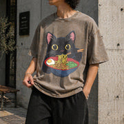 Cat Ramen Cute Vintage Washed T-Shirt in Brown