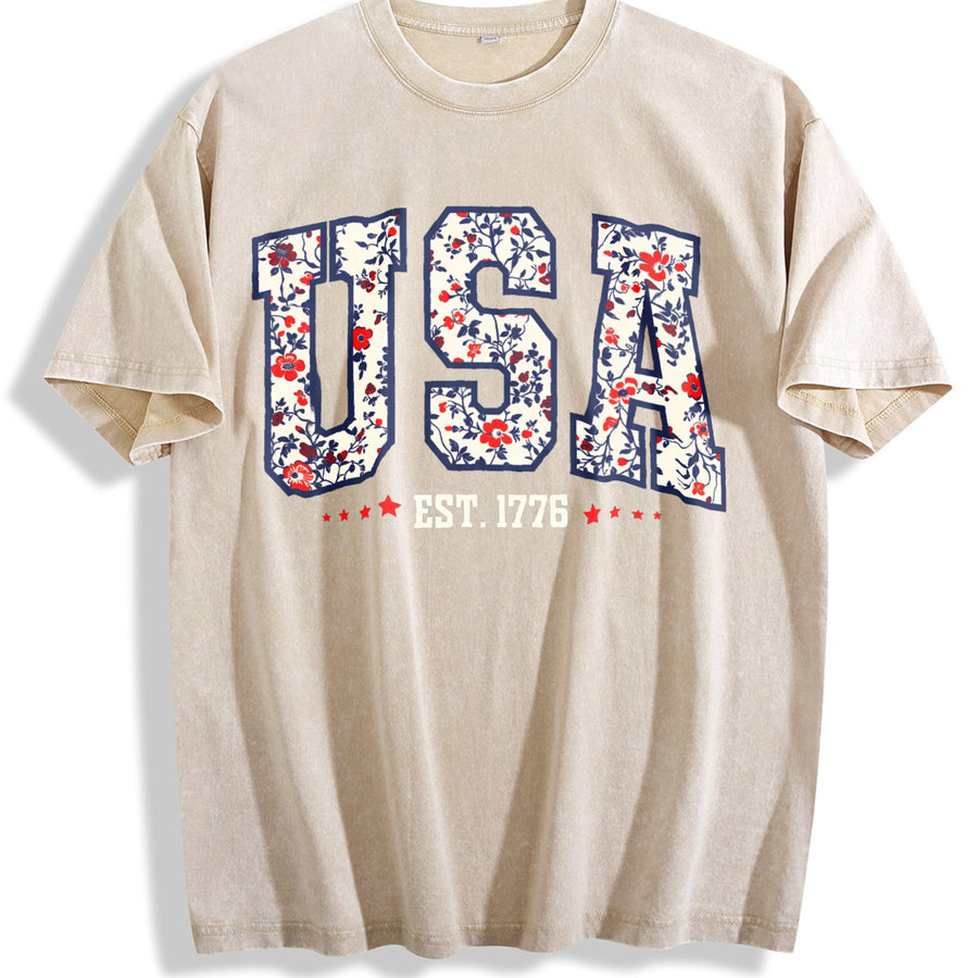 Floral USA American Girl USA Est 1776 vintage washed oversized T-shirt in Beige