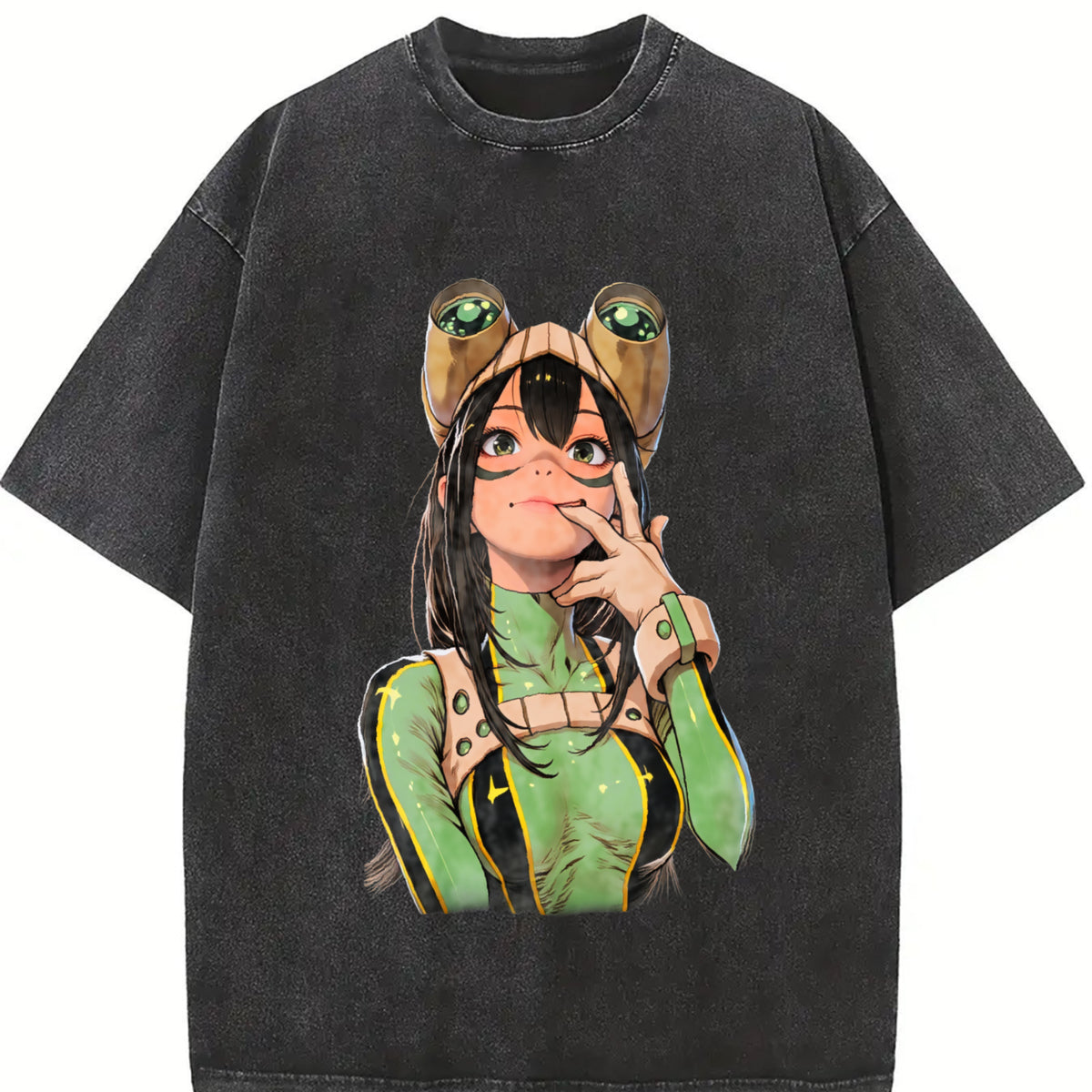 Tsuyu Asui My Hero Academia Anime Manga vintage washed oversized T-shirt in Black