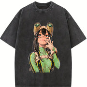 Tsuyu Asui My Hero Academia Anime Manga vintage washed oversized T-shirt in Black