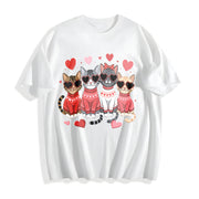 Valentine's Day: Winter a Cat with Heart-shaped Glasses Cotton T-Shirt in White