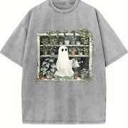 Plant Ghost Halloween Plant Vintage Washed T-Shirt in Gray