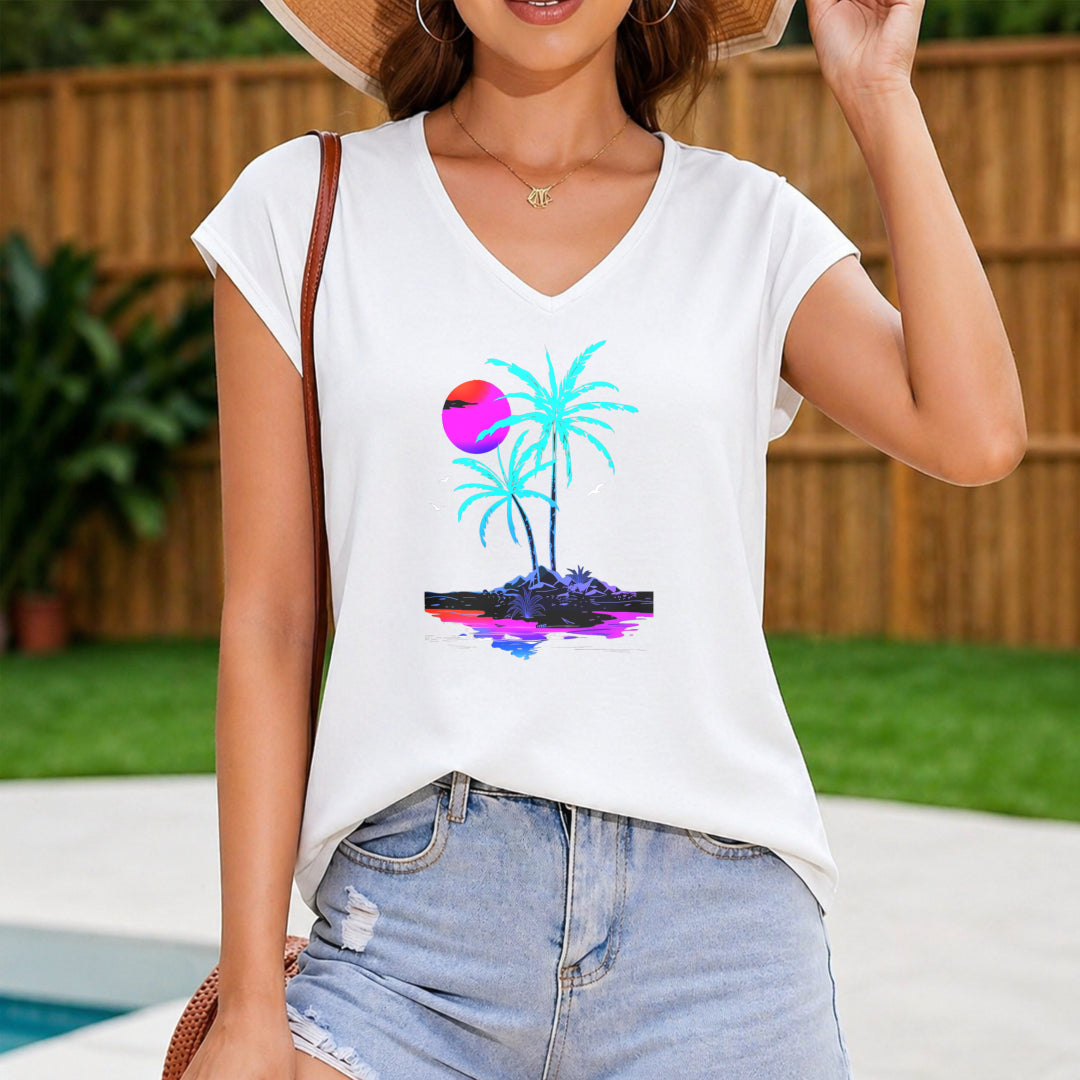 Sleeveless Tank Tropical Geometric Palm Tree Sunset Women's Color Cotton Tank Top in White