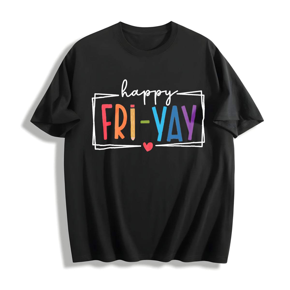 Ladies' a Round-neck Short-sleeve with 'Friyay' Cotton T-Shirt in Black