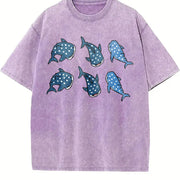 Whale Shark Embroidered Vintage Washed T-Shirt in Purple