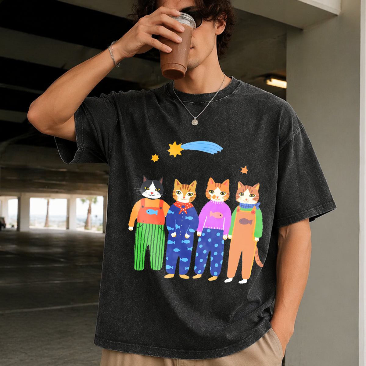 Cat Brothers Vintage Washed T-Shirt in Black