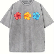 Embroidered Hibiscus Vintage Washed T-Shirt in Gray
