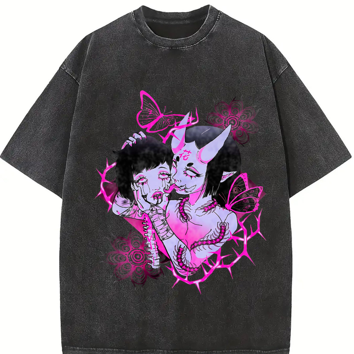 Japanese Demon Girl Gothic Sleeveless Tank Vintage Washed T-Shirt in Black