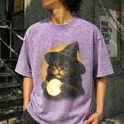 Witch Cat Moon: Retro Gothic Halloween Vintage Washed T-Shirt in Purple