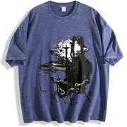 Jesus Cross Long Sleeve Double Sides For Him For Her vintage washed oversized T-shirt in Blue