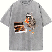 Raccoon Eating Pizza 90s Vintage Washed T-Shirt in Gray