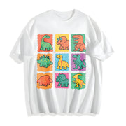 Cute Retro Colorful Dinosaur Grid Illustration Boxy Cotton T-Shirt in White