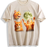 Orange Tabby Moon Retro Cute Cat Vintage Washed T-Shirt in Beige