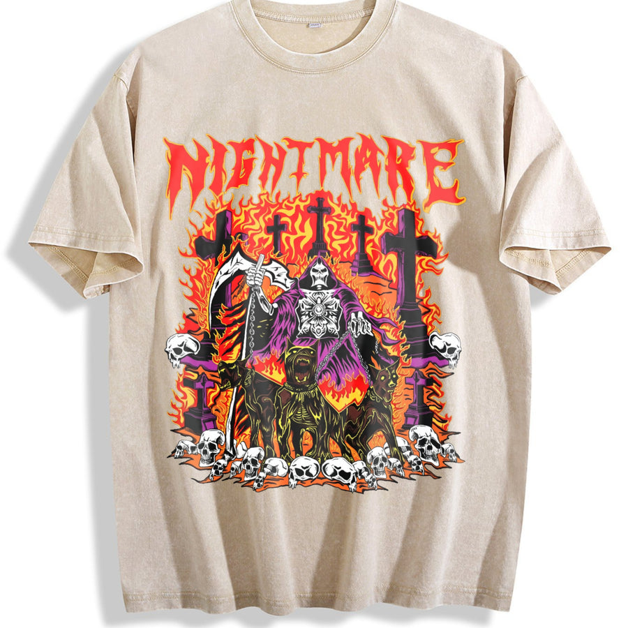 Nightmare Grim Reaper Hellhound Sleeveless Tank Vintage Washed T-Shirt in Beige