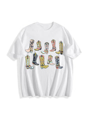 Colorful Cowboy Boots Cotton T-Shirt in White