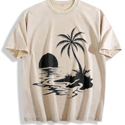 Tropical Palm Sunset Vintage Washed T-Shirt in Beige