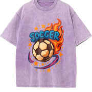 Flaming Soccer Ball Vintage Washed T-Shirt in Purple