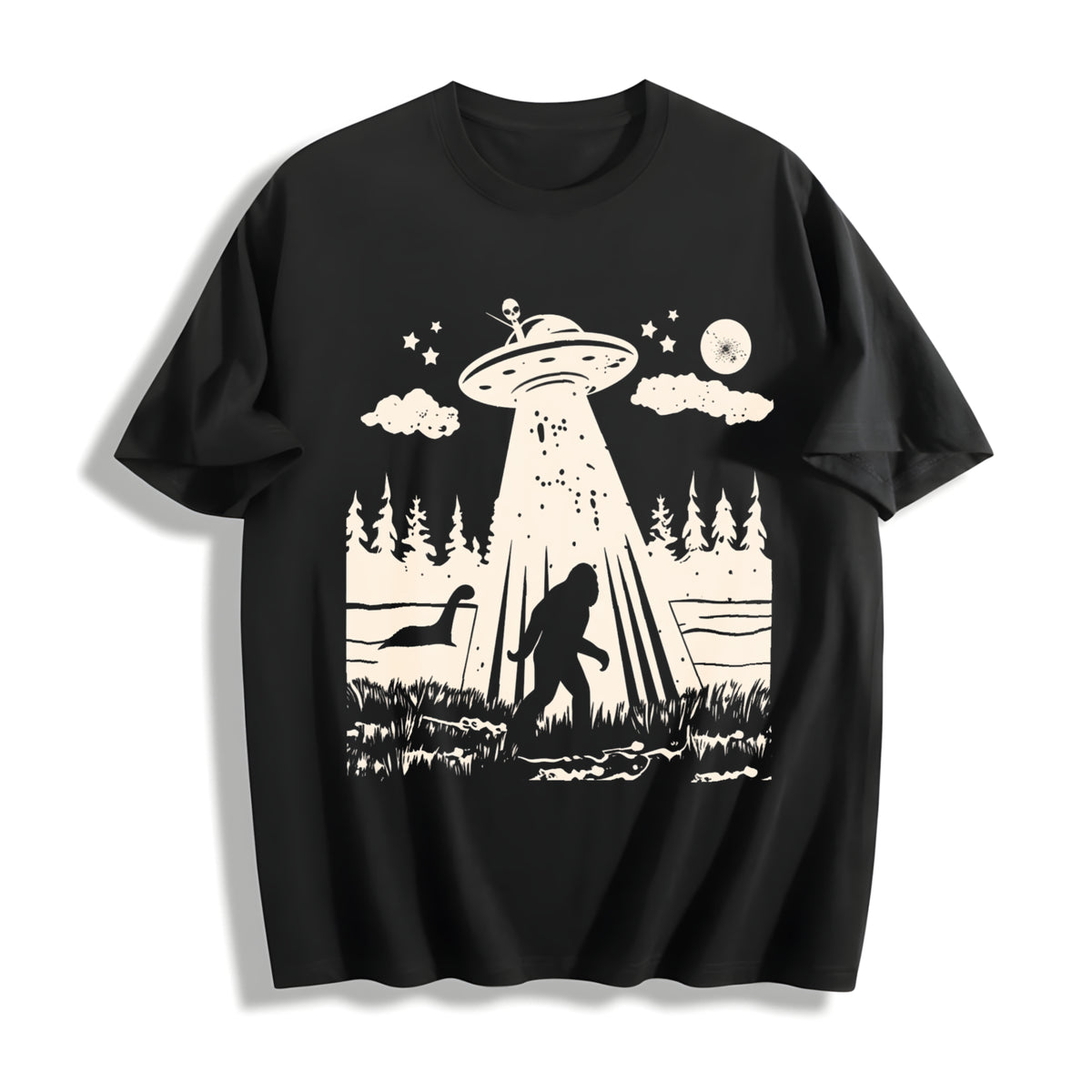 Bigfoot Ufo Retro 90s Cotton T-Shirt in Black