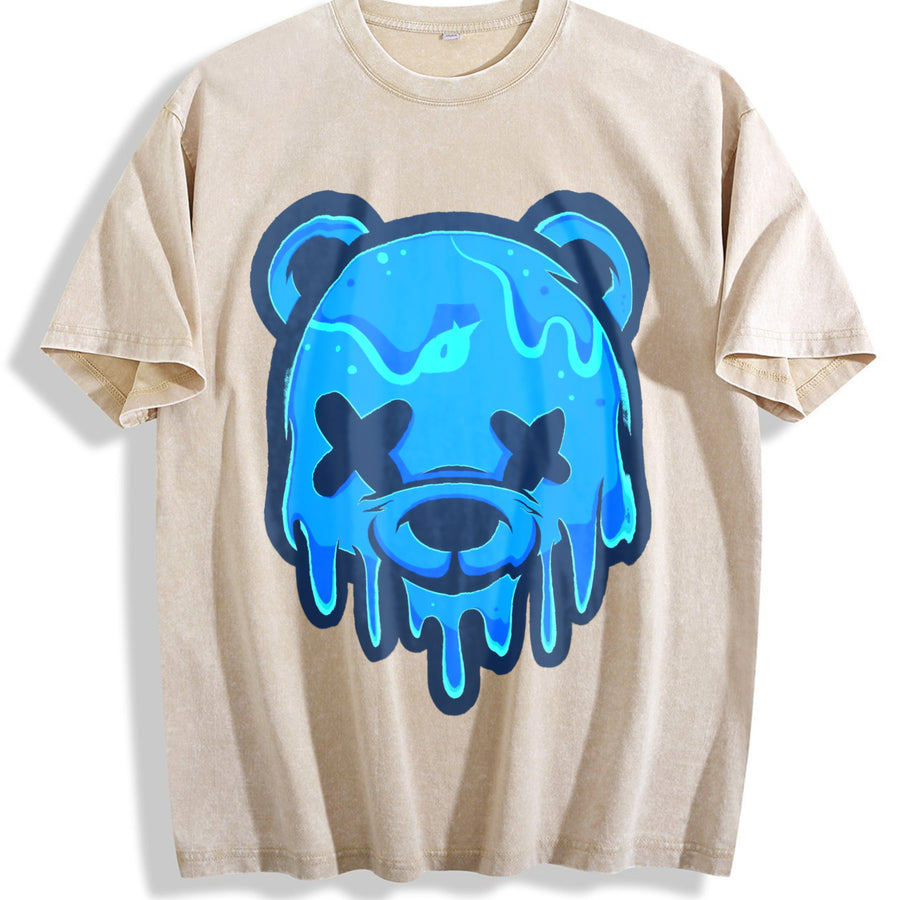 Drippy Blue Bear Two Piece Set Vintage Washed T-Shirt in Beige