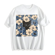 Black Cat Floral Cotton T-Shirt in White