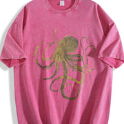 ' Golden Octopus with -Line Vintage Washed T-Shirt in Red