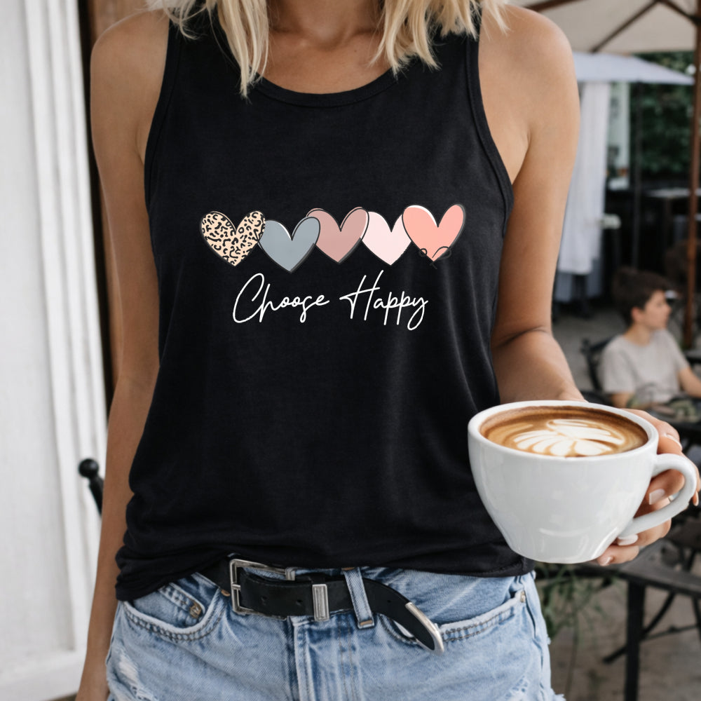 Heart with Choose Happy Text Crew-neck Sleeveless Vest Women's Color Cotton Tank Top in Black