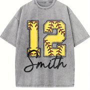 Custom Softball Personalized Softball Number Vintage Washed T-Shirt in Gray